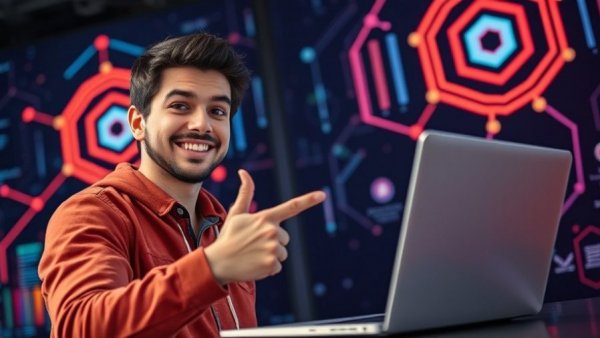 YouTube thumbnail design using AI, featuring a smiling man pointing at a laptop with AI graphics.