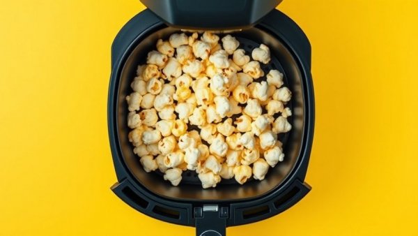 Popcorn cooking in an air fryer on a yellow background.