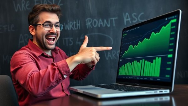 Excited man pointing at growth chart on laptop for AI agency tutorial.