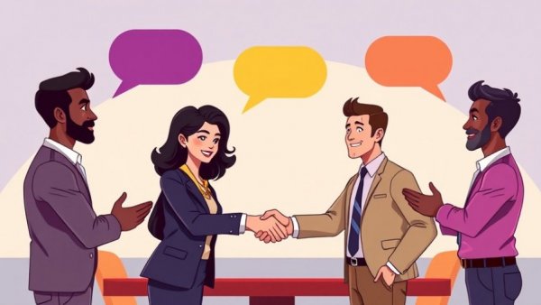 Collaborative cartoon style business meeting, customer experience language strategies.