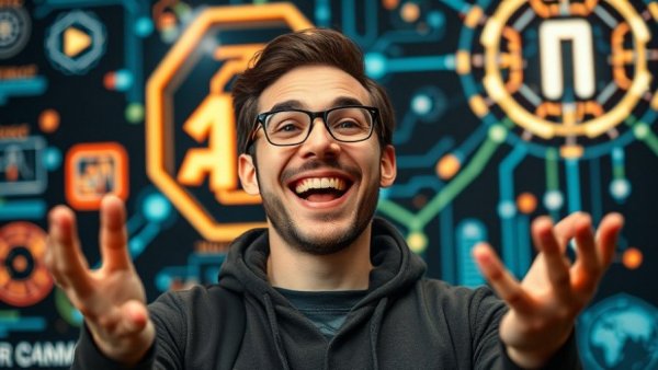 Enthusiastic person gesturing towards AI icons, build AI agents for business concept.