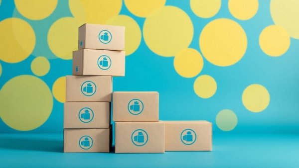 Business growth illustration with stacked logo boxes on blue and yellow.