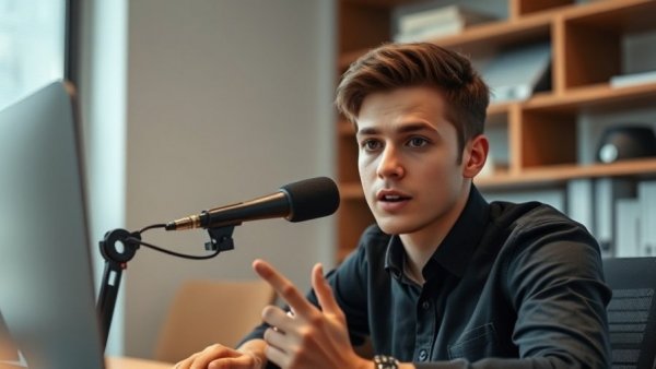 Young man explaining cloning software without coding in an office.