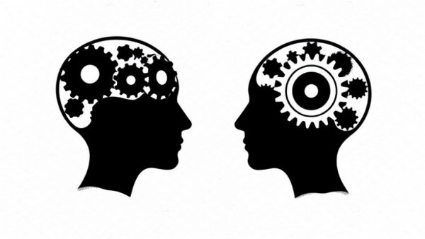 Silhouette profiles with gears symbolizing business growth.