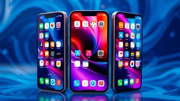 Three smartphones displaying vibrant app icons, abstract background.