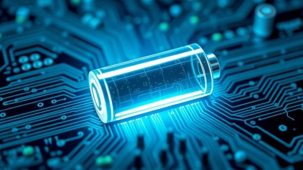 Futuristic quantum battery technology concept with glowing holographic icon.