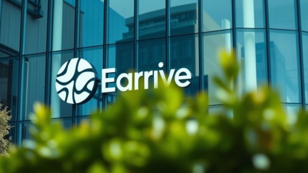 Corporate logo on glass building symbolizing business growth.