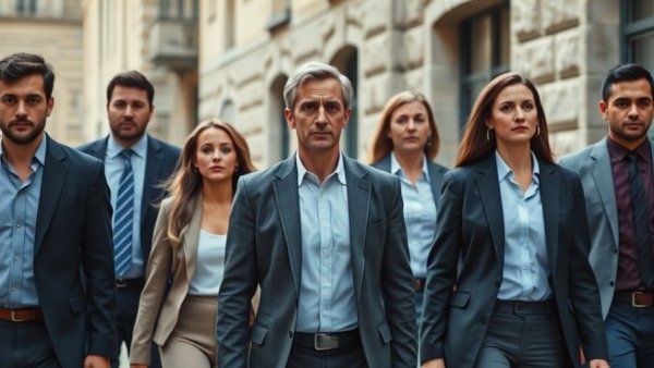 Business professionals walking outdoors with serious expressions