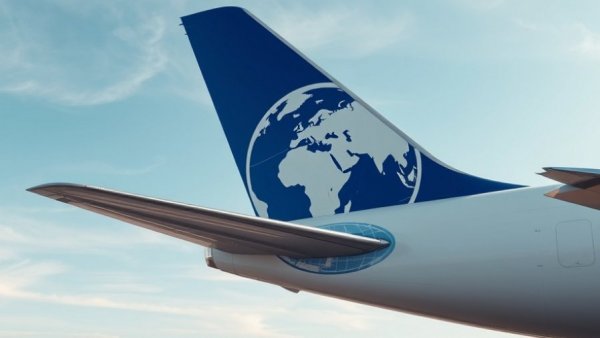 Airplane tail with blue globe design soaring high