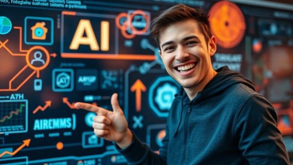 Young man promotes AI software to beginners selling AI to local businesses.