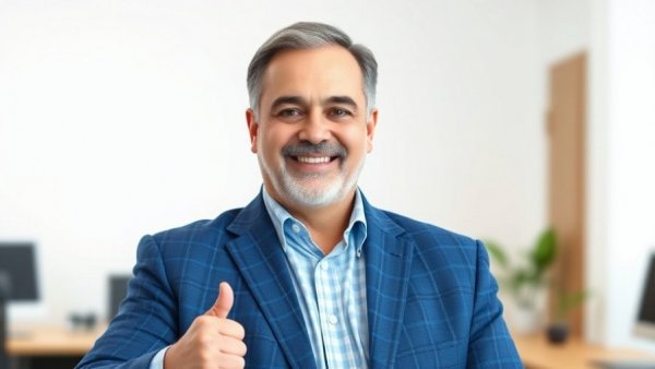 Confident businessman in blue plaid blazer, business strategy.