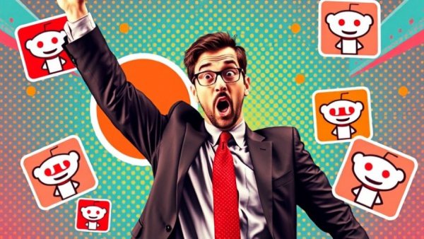Pop art collage of a man and Reddit logos illustrating business growth.