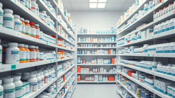Well-organized pharmacy shelves with various medicine bottles representing business growth.