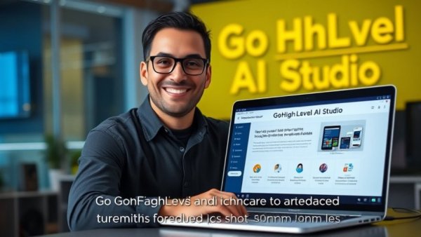 GoHighLevel AI Studio Tutorial presented with laptop interface.