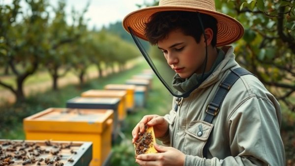 Beekeeper in orchard finding new obsession through beekeeping.