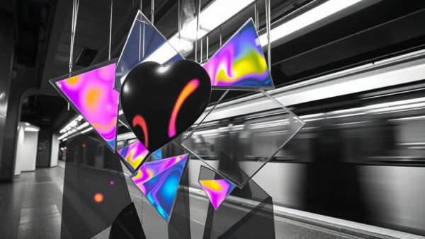 Monochrome subway scene with abstract art symbolizing business growth.