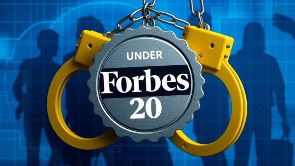 Forbes under 30 badge with handcuffs, symbolizing cryptocurrency fraud case.