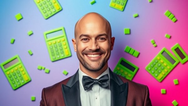 Business growth theme with a stylized man and calculators.