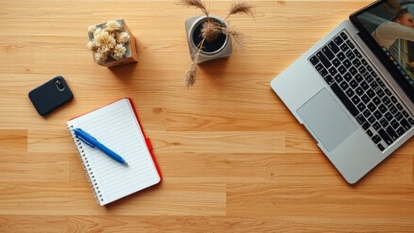 Minimalist desk setup with notebook and laptop on stylish standing desk.