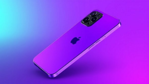 Sleek violet iPhone 18 Pro on vibrant purple and green background.
