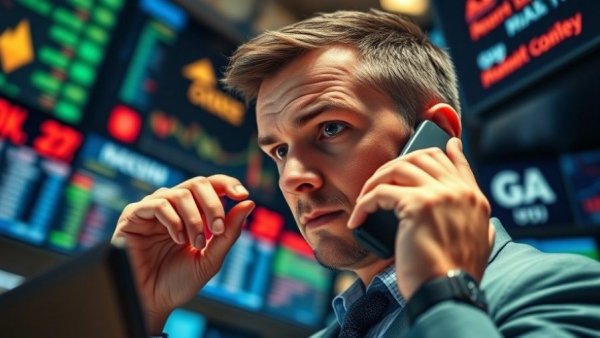 Focused stock trader on phone in busy stock exchange, rare stock market signal.