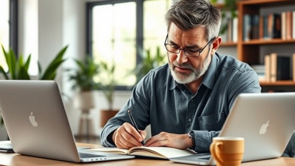 Mature man planning midlife reset in a home office setting.