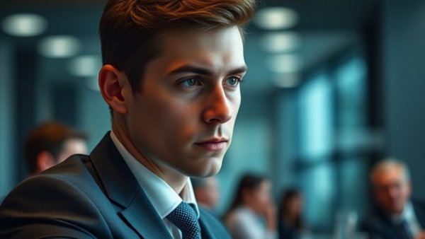 Young businessman in suit at conference, highlighting business growth.