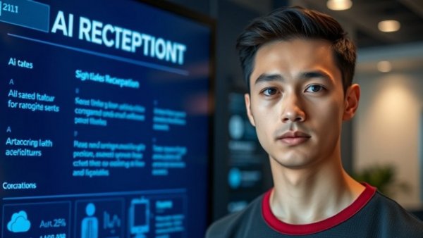 AI receptionist service digital display with young man, promoting local business benefits.