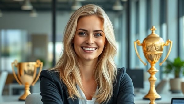 Blonde woman smiling in an office with trophies; Best TV Shows on Netflix.