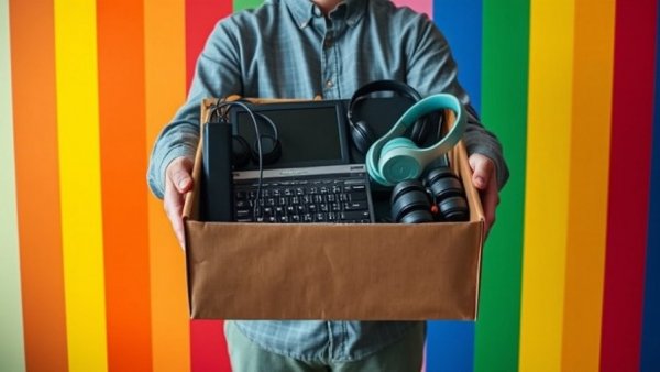 Recycling old tech in a colorful setup with tech gadgets.