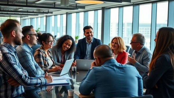 Diverse team collaborating in a modern office on business strategy.