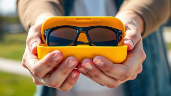 Hands holding a yellow case with smart glasses, symbolizing innovation and business growth.