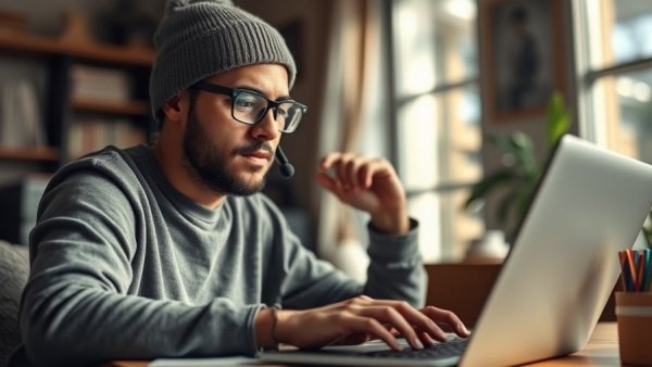 Focused young man working on laptop for review service.
