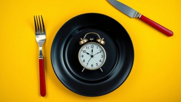 Intermittent fasting symbol: clock on a plate with cutlery.