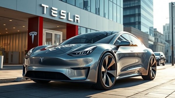 Futuristic Tesla Cybertruck parked outside showroom, sleek urban setting.