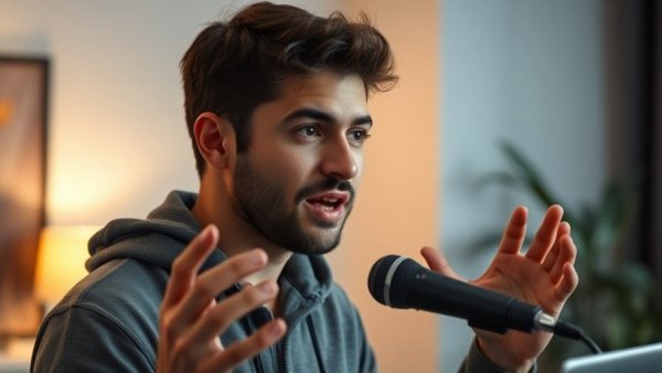 Young man in studio discussing AI templates for realtor advertising.