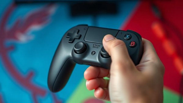 Hand holding Steam Controller against colorful background.