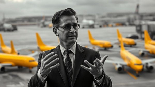 Confident businessman discussing in front of yellow planes for business growth.