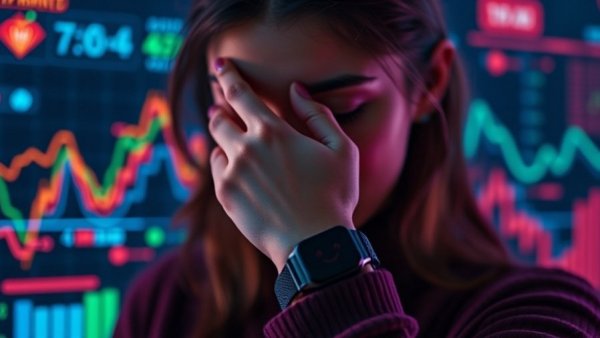 Young woman with smartwatch managing anxiety, vibrant digital background.