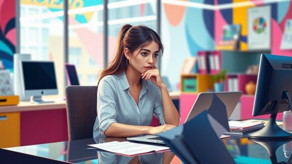 Employee disengagement costs illustrated by a pensive employee at a colorful desk.