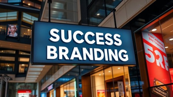Illuminated brand logo symbolizing business growth in a modern setting.