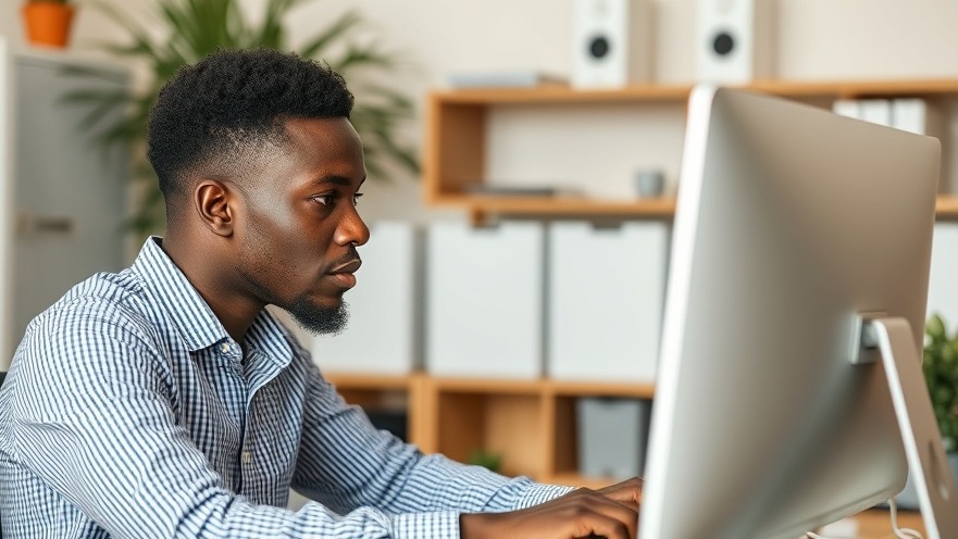 African business person focused on computer work in modern office.
