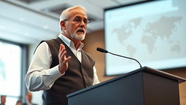 Confident man speaking at podium, highlighting small business financial help.