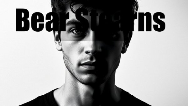 Abstract art with text 'Bear Stearns' overlaying monochrome portrait.