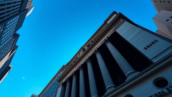 Dramatic view of NYSE with company logos and flag for market trends.