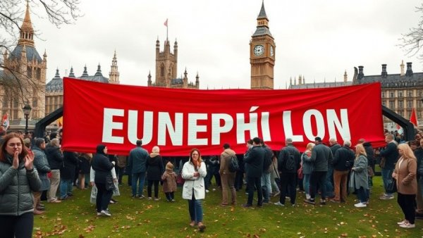 MAGA Disdain London protest scene with bold red banner against historical backdrop.