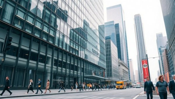 US brokerage shares sell-off scene with city buildings and pedestrians.