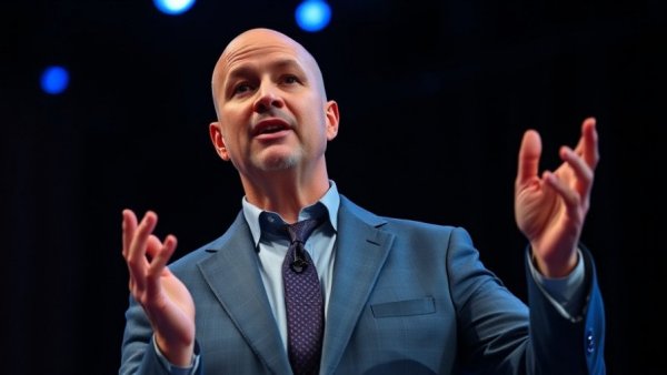 Businessman gesturing energetically on stage, discussing Trump populist economic policies.
