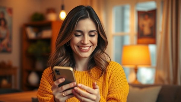 Woman smiling at phone indoors, representing 100% return on 401(k) investment.
