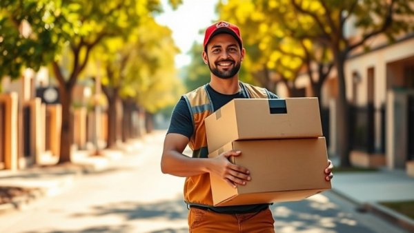 Young delivery worker holding cardboard boxes on a sunny street with buildings.